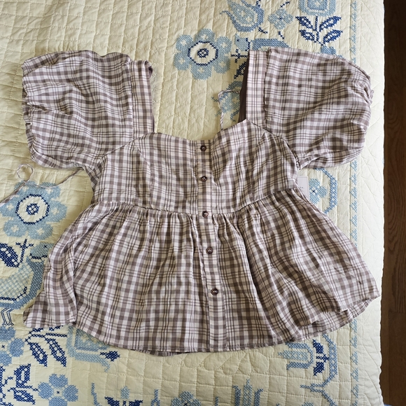 Tops - Plaid Puff Sleeve Blouse - Brown